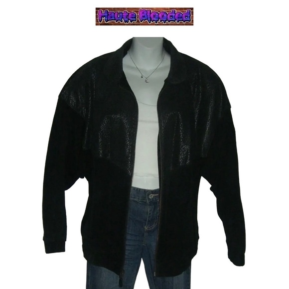 Vintage 90's Stefano Black Suede Leather Bomber Jacket Print Retro Plus 16 Goth - Picture 2 of 13